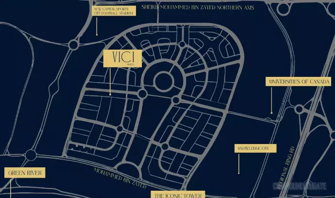 Mall Vici location map — the project sits at the western axis entrance of the R3 district of the New Administrative Capital, master plan layout by Rayn Developments