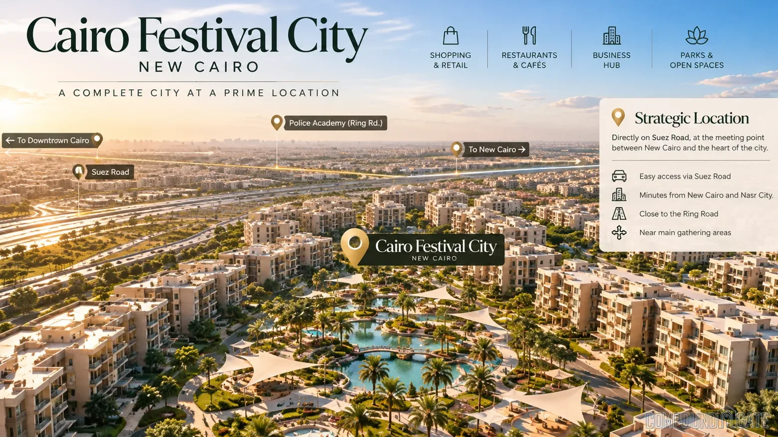 أين يقع كمبوند كايرو فستيفال سيتي بالضبط؟ Cairo Festival City New Cairo Location