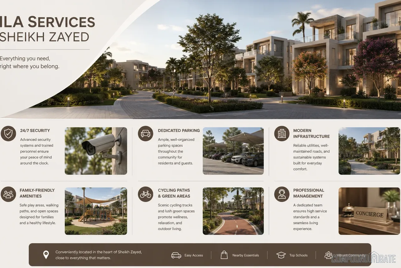 خدمات ومرافق كمبوند ايلا ILA Services Sheikh Zayed